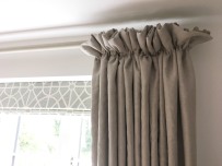 Cottage frill heading linen curtains with Sanderson Garden Plan fabric on roman blind